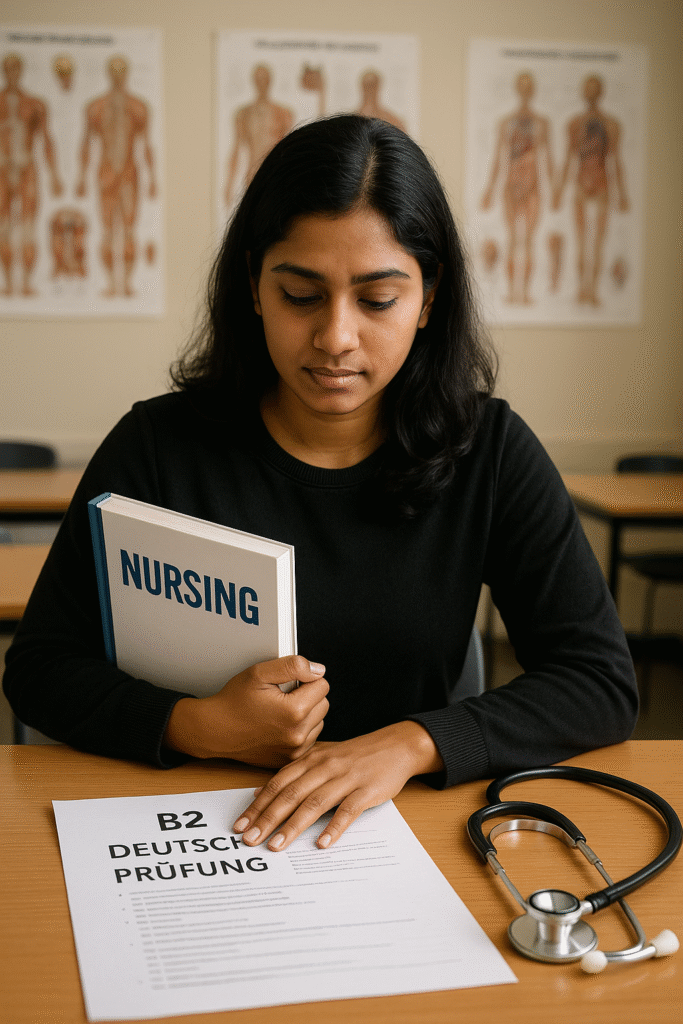 Indian student studying B.Sc Nursing in Germany in 2025 with German language materials.