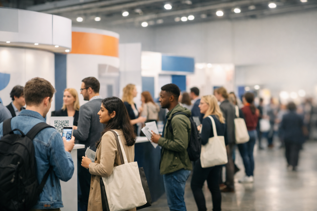 Job fairs in Germany—crowded career fair hall with booths