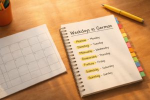 weekdays in german study setup with calendar and notebook